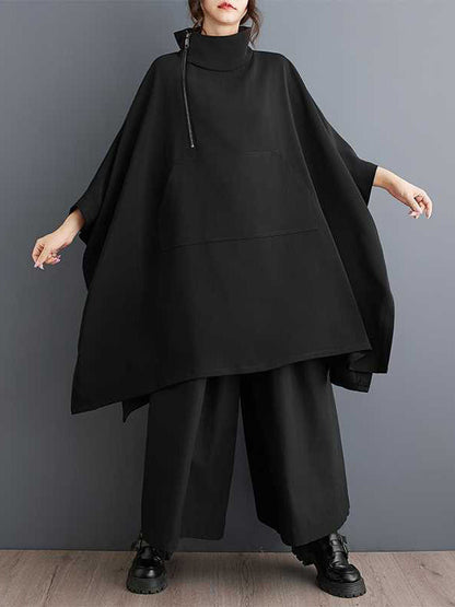 Simple Loose Black Mock Neck With Zipper Buttoned Pockets Batwing Sleeves Sweatshirt Ws016