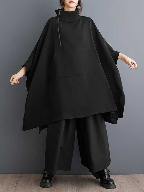 Simple Loose Black Mock Neck With Zipper Buttoned Pockets Batwing Sleeves Sweatshirt Ws016