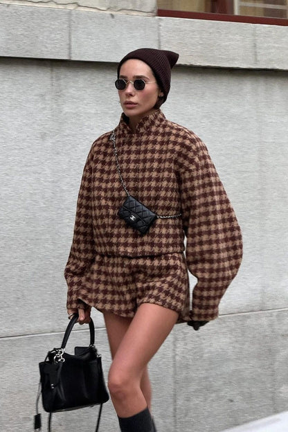 Houndstooth Zip Jacket and Shorts Two Piece Set