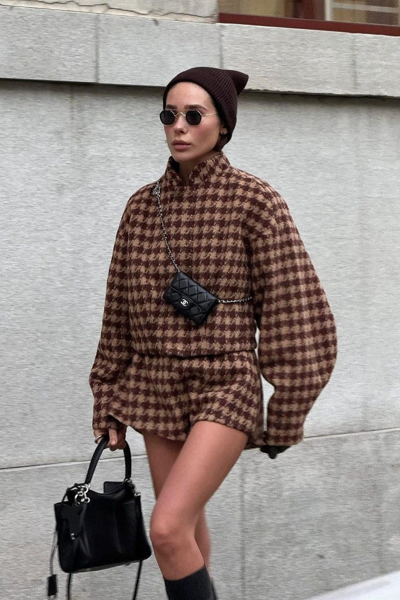 Houndstooth Zip Jacket and Shorts Two Piece Set