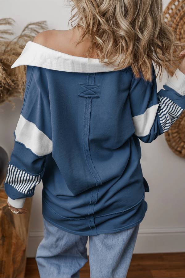 Light French Beige Striped Patchwork Collar Sweatshirt