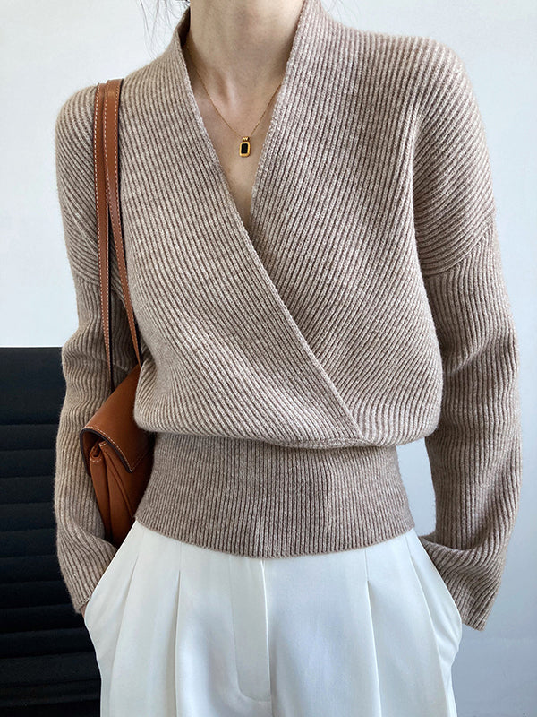 French Grey Cross V-neck Long Sleeve Sweater Qx012