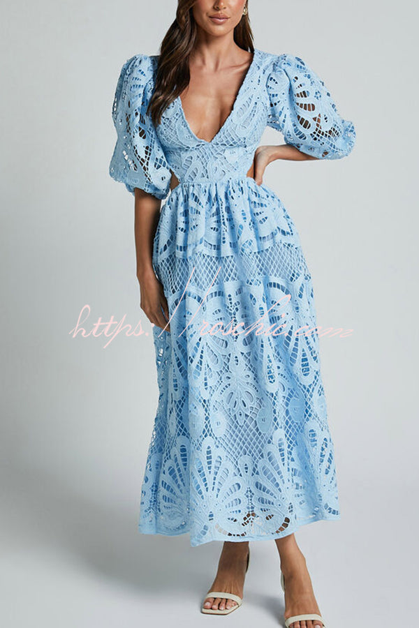 Color V Neck Hollow Lace Waistless Maxi Dress