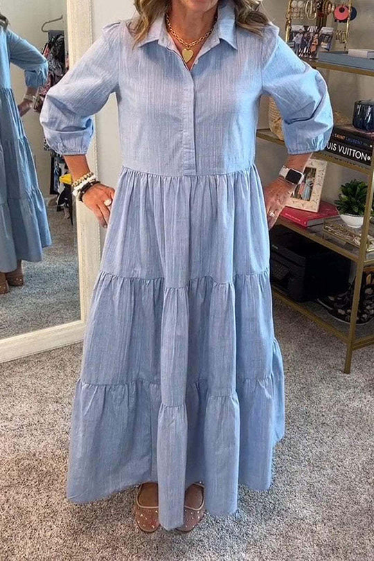 Color Lapel Elastic Cuffs Loose Maxi Dress
