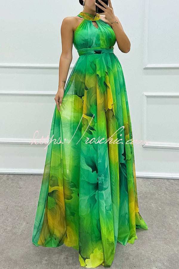 Elaine Tulle Splash Print Cutout Halter Tie-up Neck Gown Maxi Dress