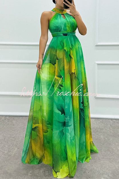 Elaine Tulle Splash Print Cutout Halter Tie-up Neck Gown Maxi Dress