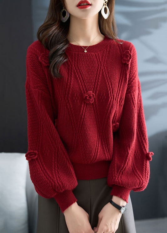 French Red O Neck Plaid Knit Sweater Fall Qc031