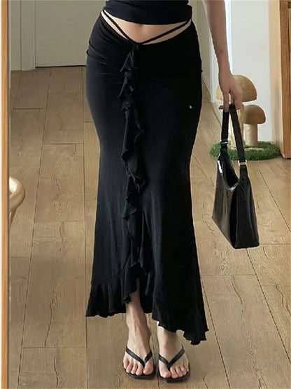 Ruffled Tassel Skirt for Patchwork Pleated Y2k Skirt Low Waist Lace-up Slim Outfits Black Midi Skirt