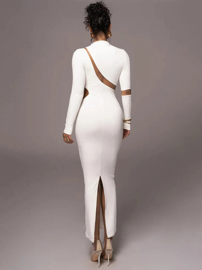 Turtleneck Long Sleeve Bodycon Maxi Dress for Autumn New Patchwork Hollow Out Club Party Long Dress Vestidos
