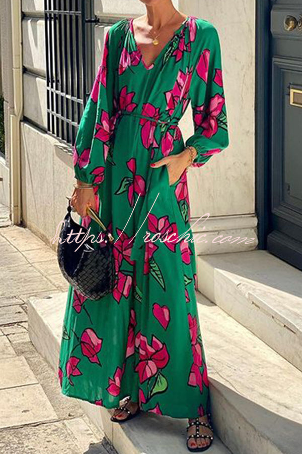 Gramercy Garden Print Pocket Belted Long Sleeve Maxi Dress