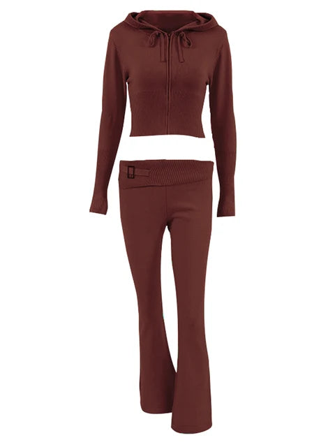 Knit 2-piece Set: ’s Hoodie Tracksuit & Crop Top Knitwear Pants