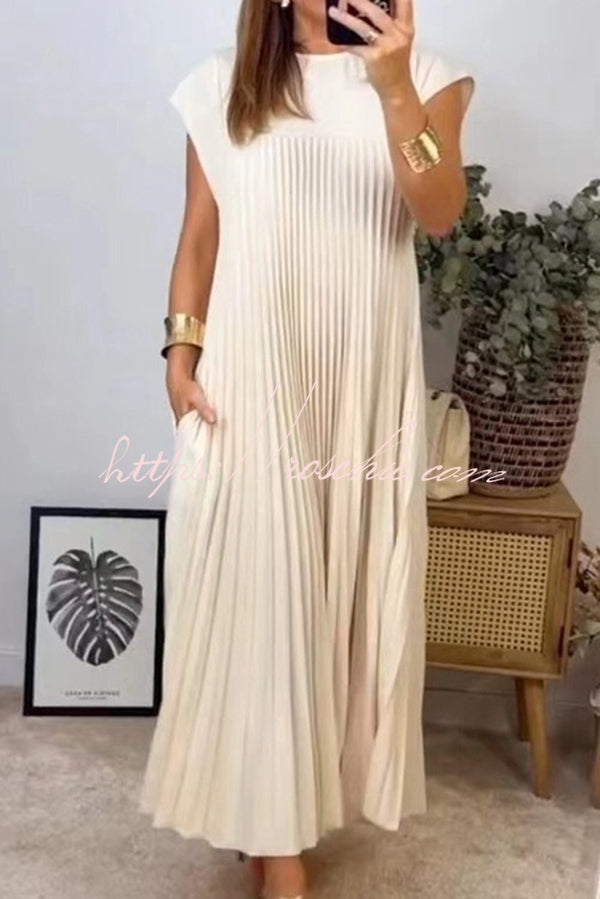 Color Round Neck Sleeveless Pleated Large Hem Maxi Dress