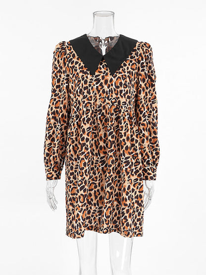 Loose Puff Sleeves Leopard Pleated Printed Split-joint Peter Pan Collar Mini Dresses Shirt Dress