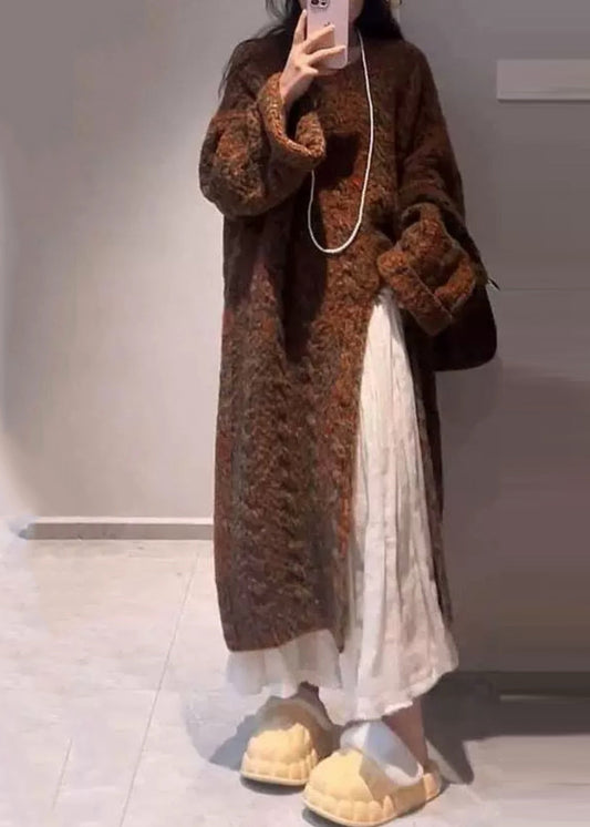 Handmade Coffee O-neck Asymmetrical Cotton Knit Long Sweaters Winter Wv024