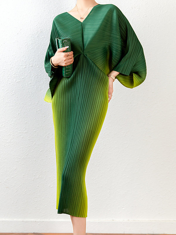 Loose Batwing Sleeves Gradient Pleated Midi Dress