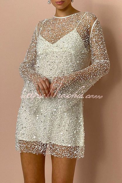 Sparkle and Shine Sequins and Pearls Fabric Mini Dress With Separate Slip