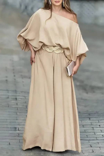 Skew Neck Lantern Sleeve Top \u0026 Wide Leg Pants Set