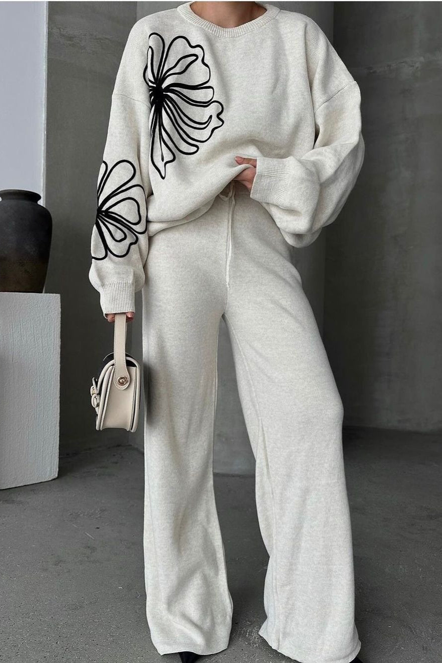Round Neck Knit Sweater With Pants Two Piece Set