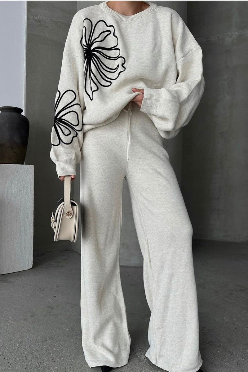 Round Neck Knit Sweater With Pants Two Piece Set