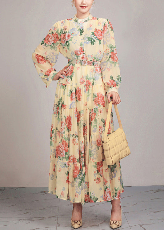 Yellow Button Sashes Cotton Long Dress Stand Collar Fall Ar1030