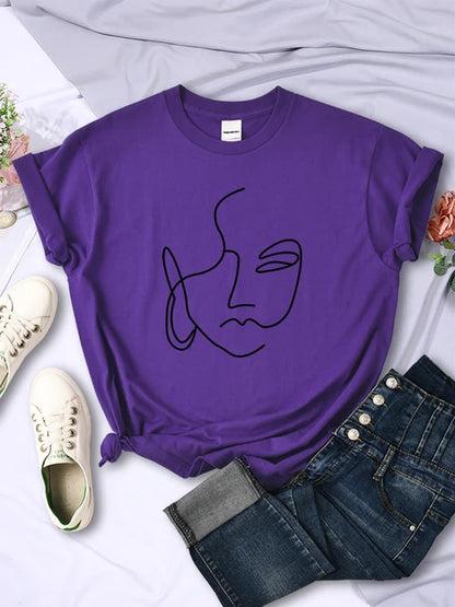 Abstract Simple Stroke Face Prints T-shirts Hip Hop Breathable Short Sleeve Soft Street Tops Female Tee Clothing