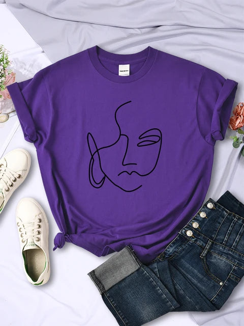 Abstract Simple Stroke Face Prints T-shirts Hip Hop Breathable Short Sleeve Soft Street Tops Female Tee Clothing