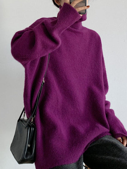 Red High Neck Split Hem Long Sleeve Sweater An1056