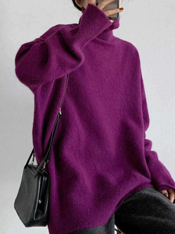 Red High Neck Split Hem Long Sleeve Sweater An1056