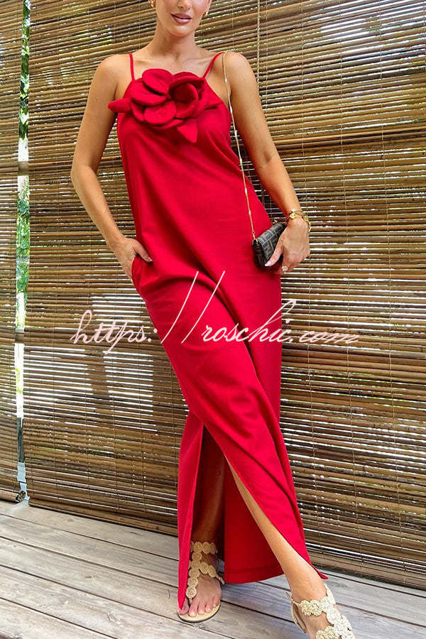Vacay Ready Linen Blend Embellishment Pocketed Slit Maxi Dress