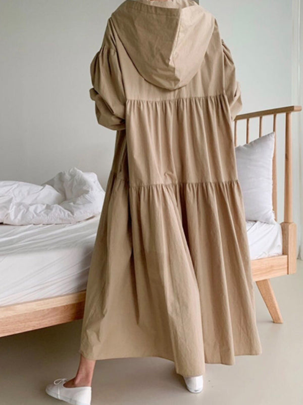 Urban Color Pleated Long Sleeves Hooded Midi Dress