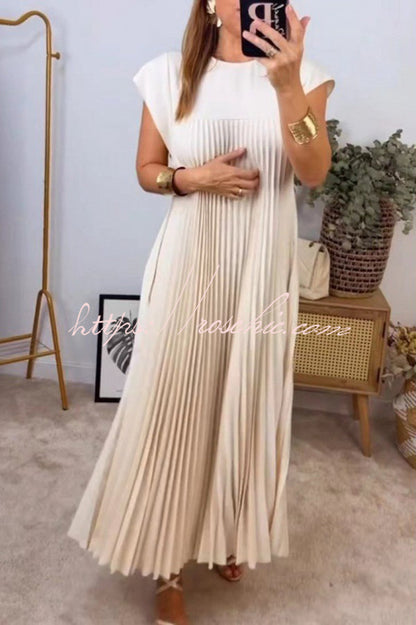 Color Round Neck Sleeveless Pleated Large Hem Maxi Dress