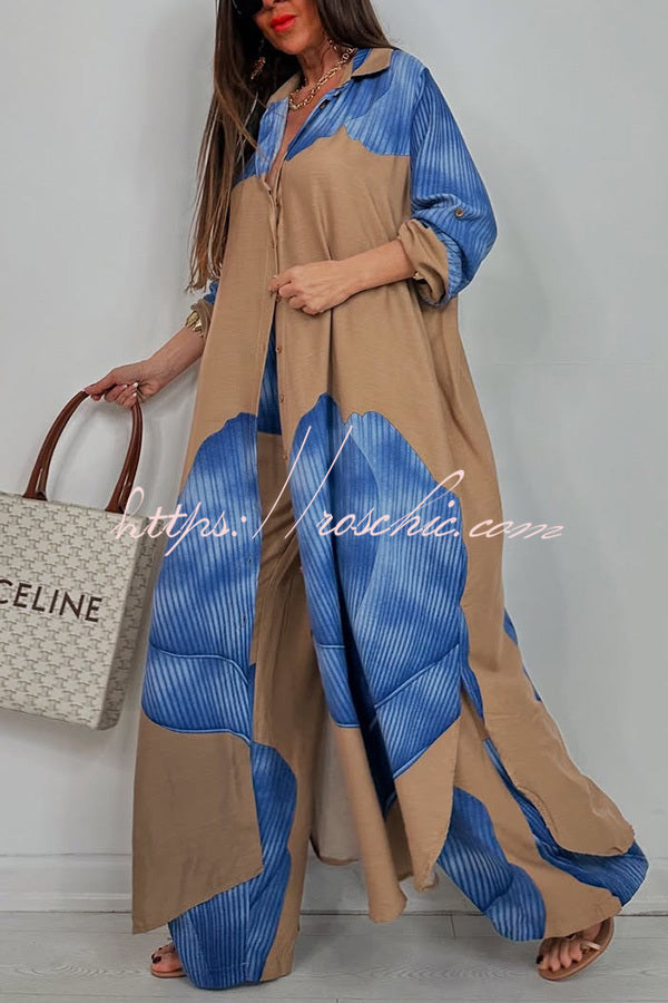Unique Printed Loose Long Shirt and Elastic Waist Pocket Wide Leg Pants Set