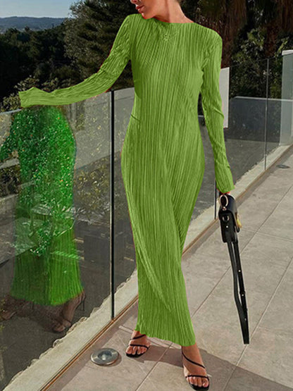 Long Sleeves Skinny Pleated Color Split-joint Round-neck Maxi Dresses