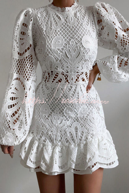 Color Hollow Long-sleeved Waisted Lace Mini Dress
