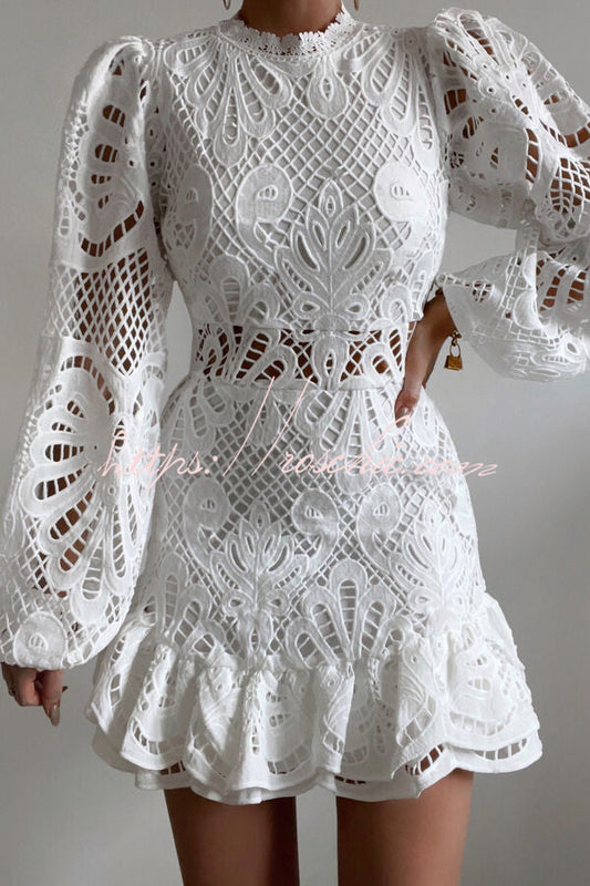 Color Hollow Long-sleeved Waisted Lace Mini Dress
