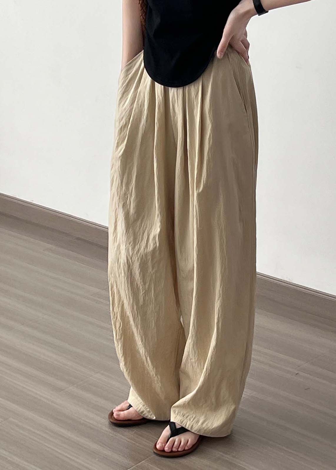 Khaki High Waist Wrinkled Cotton Wide Leg Pants Fall Af104