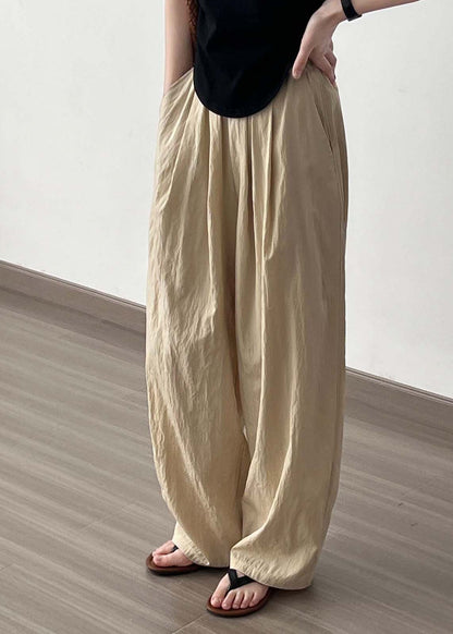 Khaki High Waist Wrinkled Cotton Wide Leg Pants Fall Af104