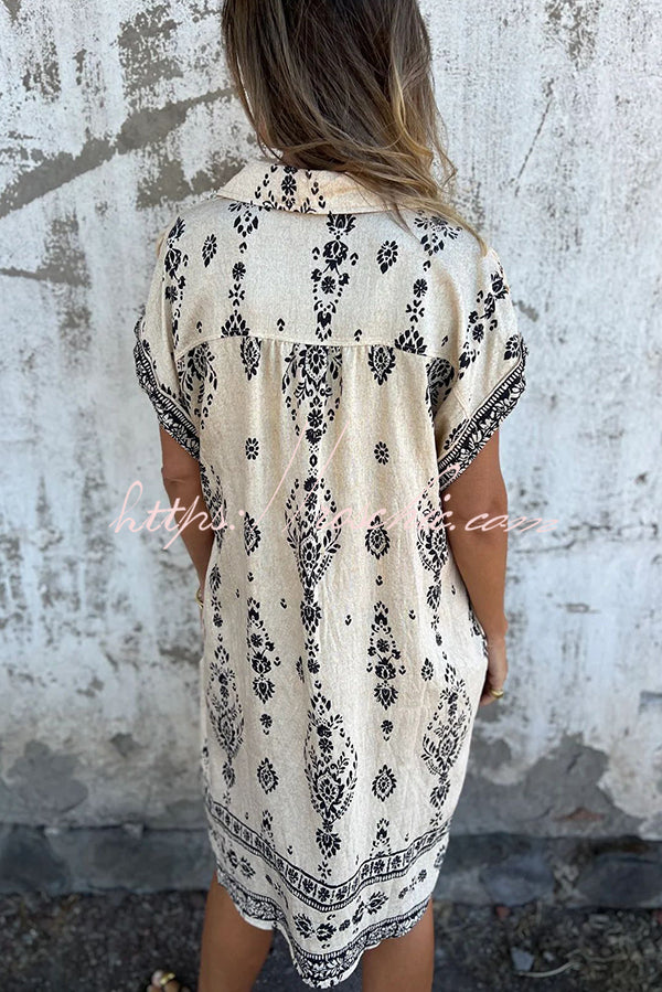 Linen Blend Unique Print Lapel Pocket Mini Dress