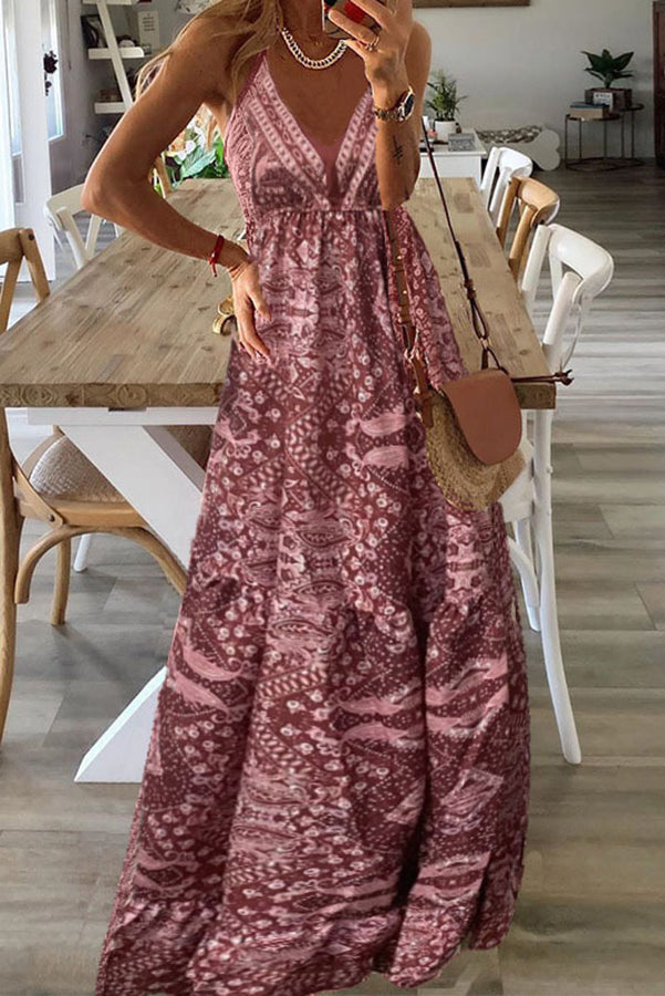 Celeste Printed Strap Elastic Waist Maxi Dresses