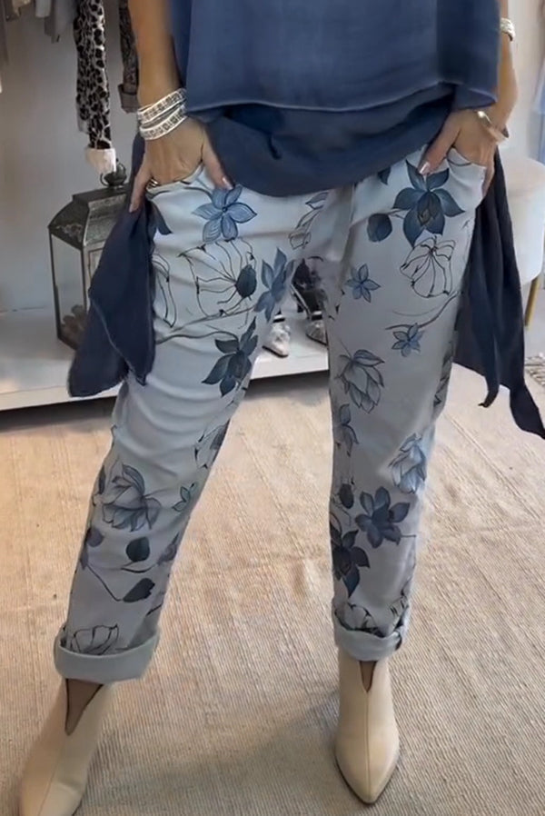 Botanical Print Elastic Waist Pockets Pants