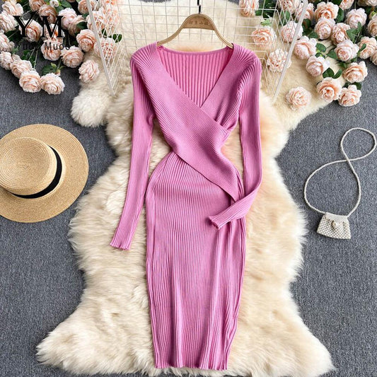 Pink V-neck Cross Slim Waist Long Sleeve Knit Sweater Dress Ar1018