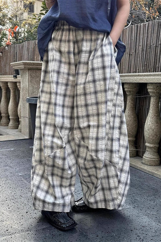 Plaid Ruched Wide Leg Pants