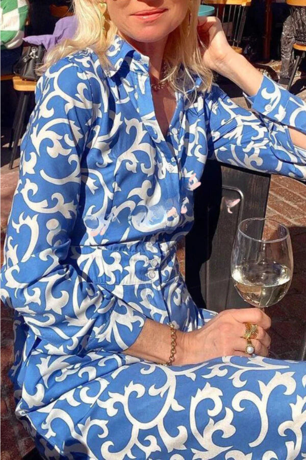Print Lapel Button Pocket Long Sleeve Shirt Maxi Dress