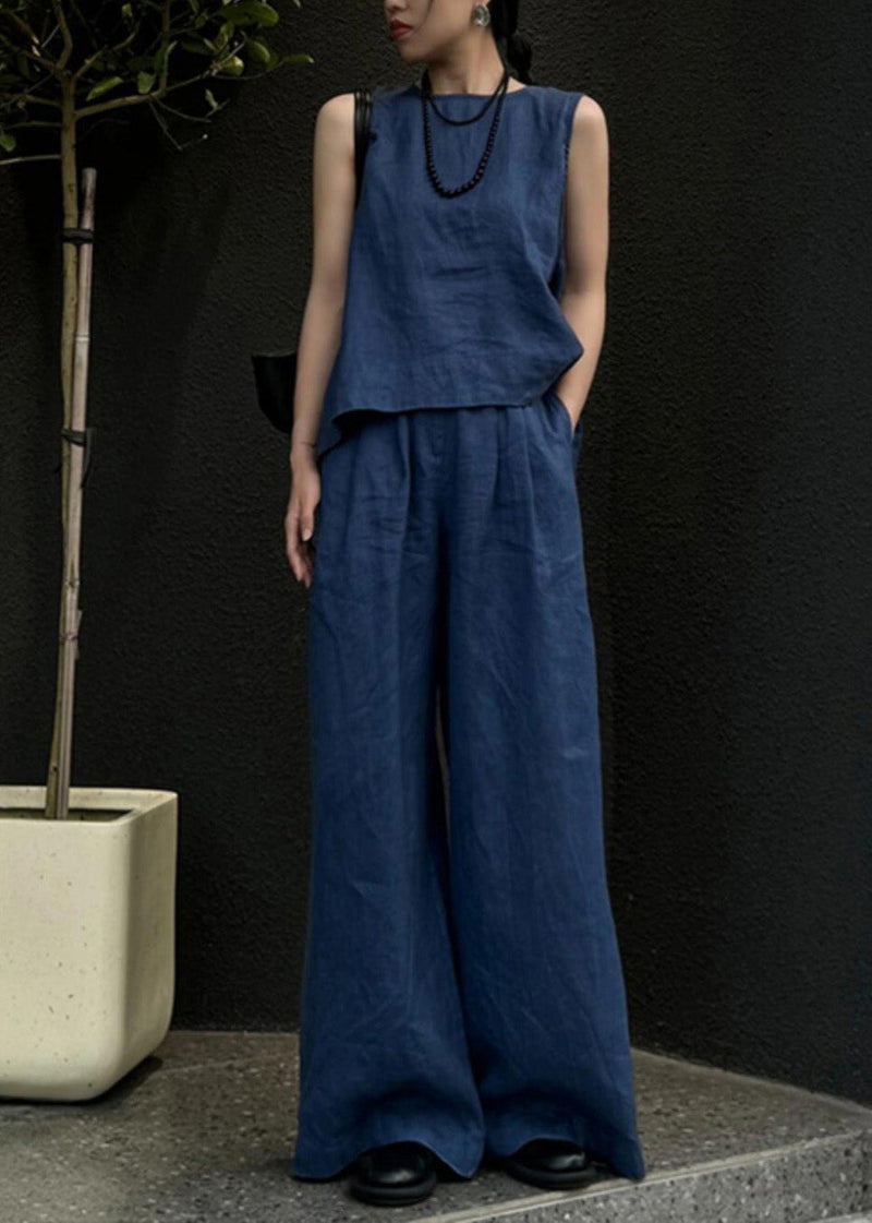 Blue Linen Vest and Wide Leg Pants Two Pieces Set Sleeveless An1026