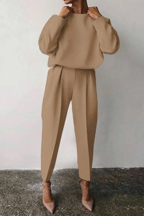 Color Round Neck Pencil Pants Suit