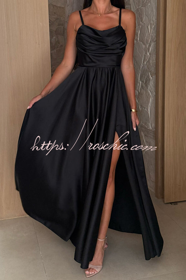 Color Suspender Back Pleated Slit Full Hem Maxi Dress