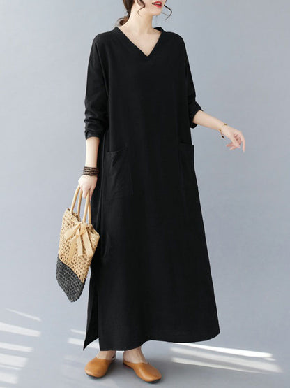 A-line Long Sleeves Pockets Color Split-side V-neck Maxi Dresses