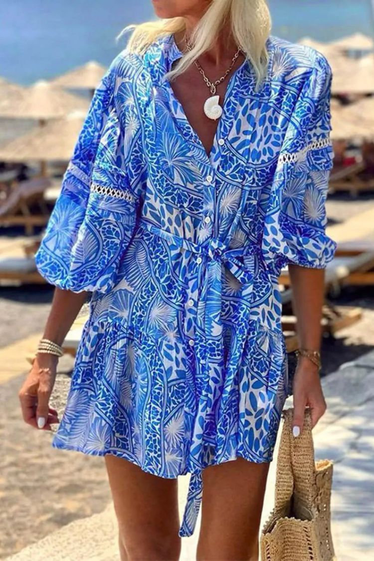 Stand Collar Shift Printed Resort Mini Dress