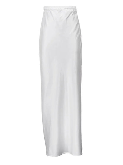 White Satin High Waist Long Skirt for Zipper Side Split Slim Party Maxi Skirt Y2k Outfit Female Long Skirt