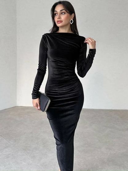 Velvet Long Sleeve Maxi Dress for Autumn Winter New O Neck Bodycon Club Party Long Dress